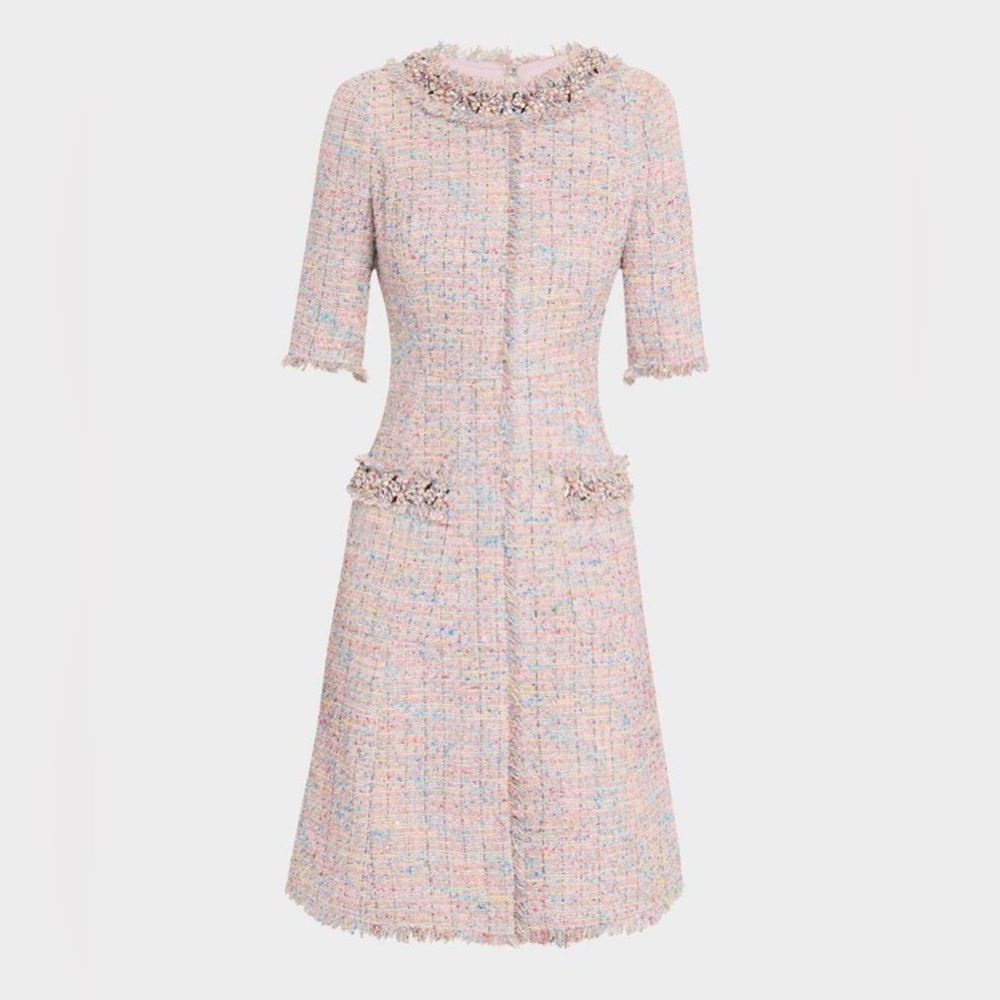 Teri Jon Bead & Fringe-Trim Tweed Dress